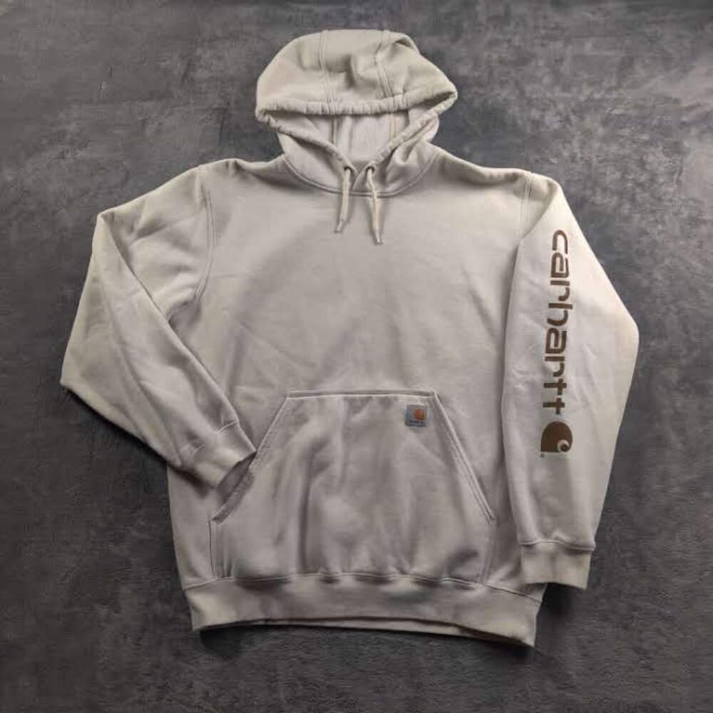 Carhartt Jacket Mens Large White Pull Over Hooded Pocket Patch Spell Out Sleeve